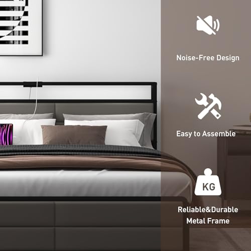 Bonzy Home Full Size Bed Frame with Storage Drawers and USB Port, Grey S969