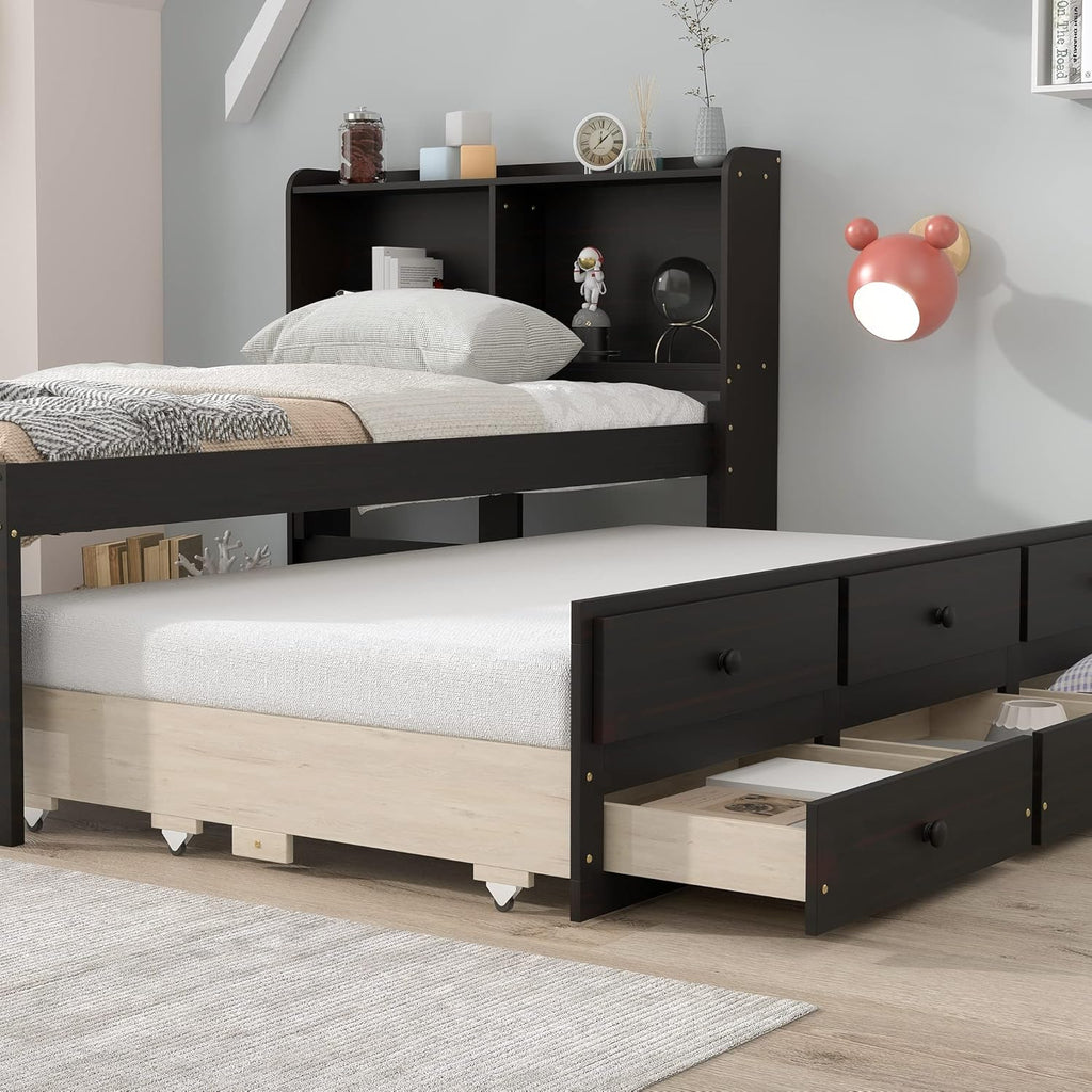 Twin Captain’s Bed with Bookcase Headboard and Trundle, Espresso K258180