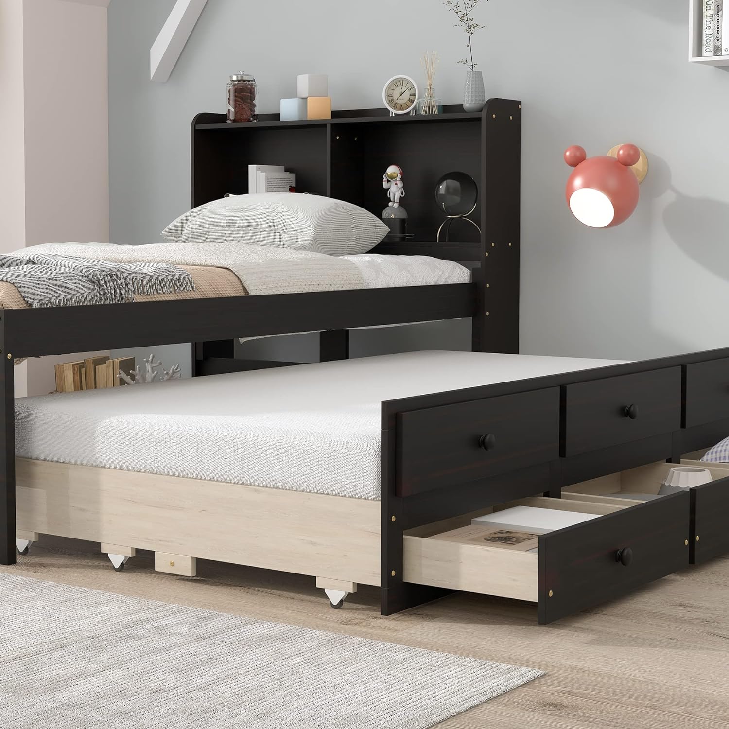 Twin Captain’s Bed with Bookcase Headboard and Trundle, Espresso K258180