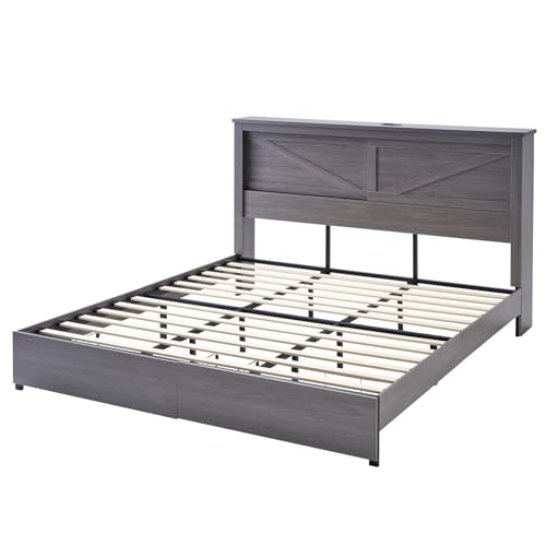 AMERLIFE King Bed Frame with Bookcase Headboard and Charging Station V4787
