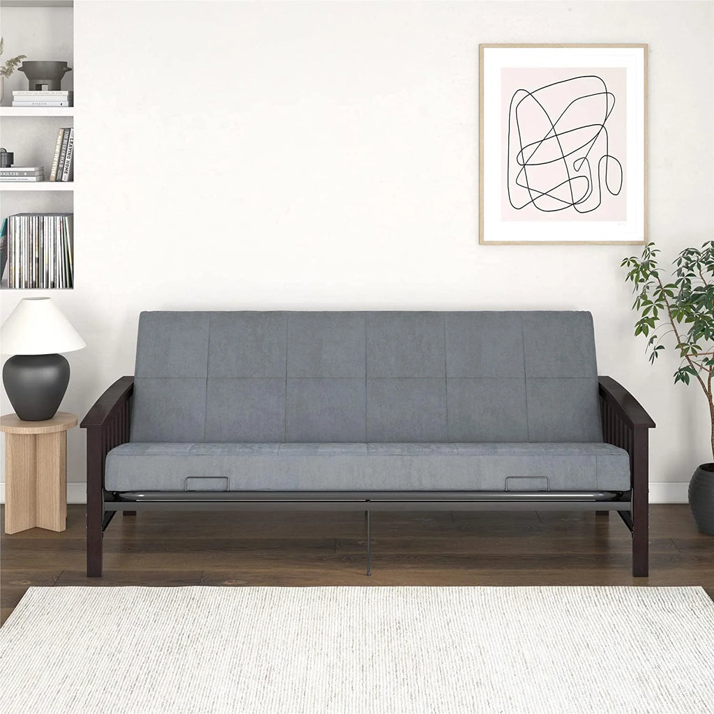 Elbi Full Size Wood Arm And Black Metal Futon Frame, Natural