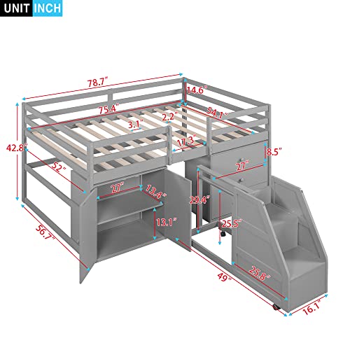 Full Size Low Loft Bed with Retractable Writing Desk and Storage Q64739