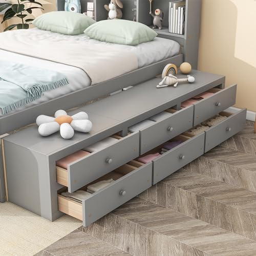 SOFTSEA Full Size Platform Bed with Storage Drawers and Bookcase Headboard, White V613109
