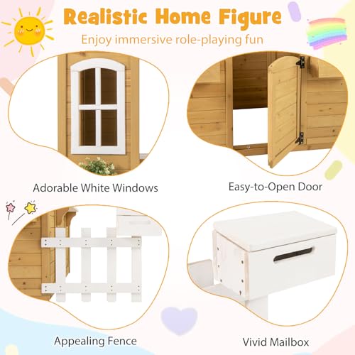 Costzon Outdoor Fir Wood Playhouse for Kids with Bench & Mailbox N477566