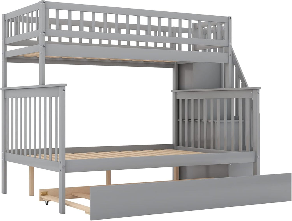 Twin Over Full Bunk Bed with Trundle, Wood Frame, Gray E6647