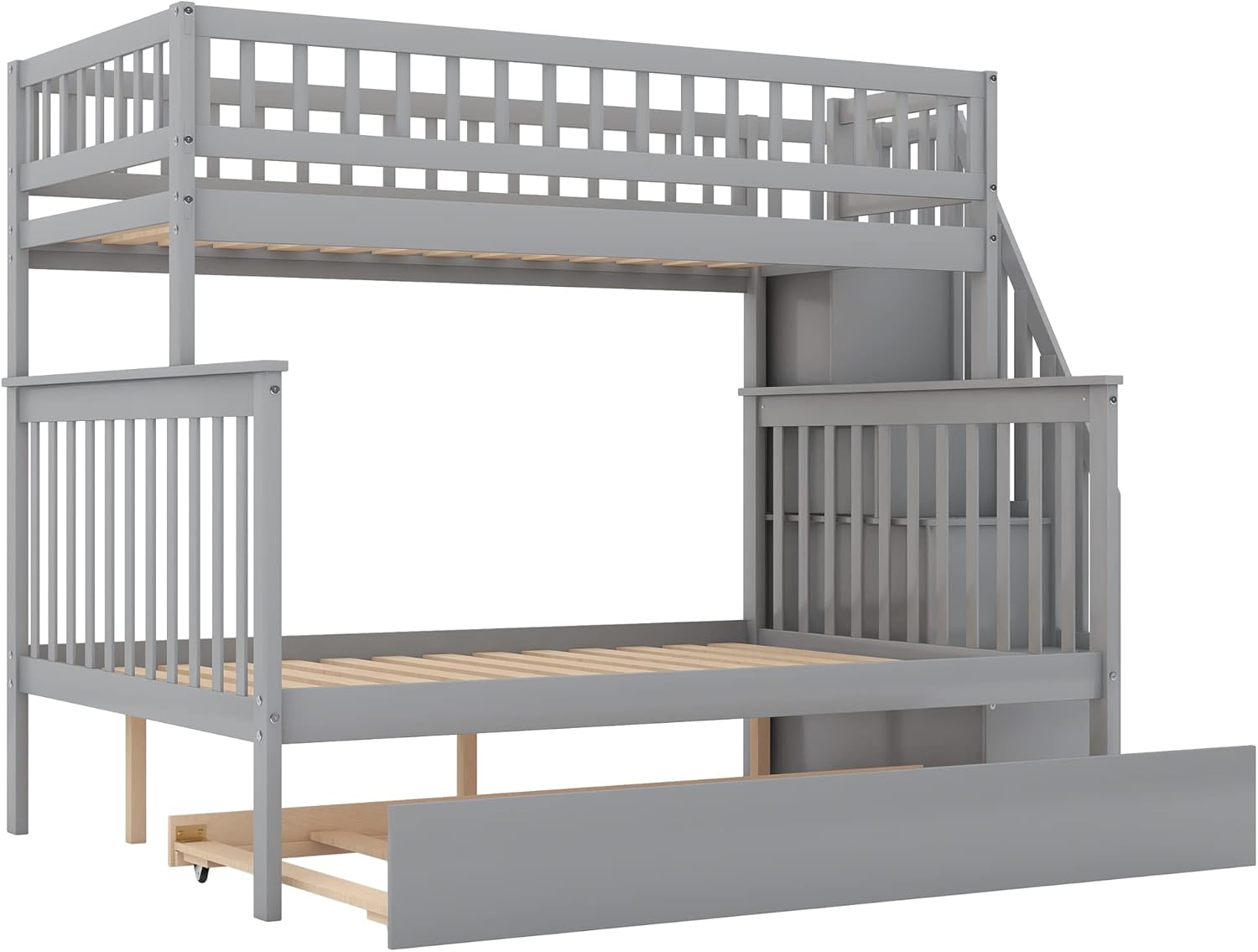 Twin Over Full Bunk Bed with Trundle, Wood Frame, Gray E6647