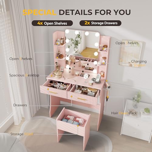 White Vanity Desk with LED Mirror and Storage Stool D5834