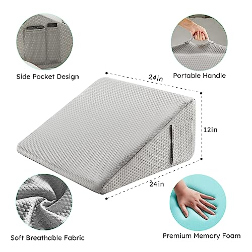 Wedge Pillow for Sleeping, 8 inch, Cooling Memory Foam Top, White/Grey T57174