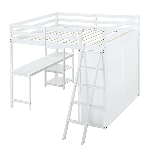 Harper & Bright Designs Full Size Loft Bed with Wardrobe and Desk, Solid Wood, White R4710