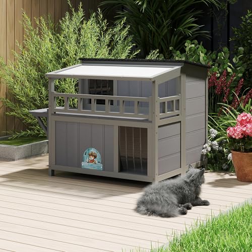 Warm Wood Cat Shelter with Sunlight Roof for Outdoor Use J791