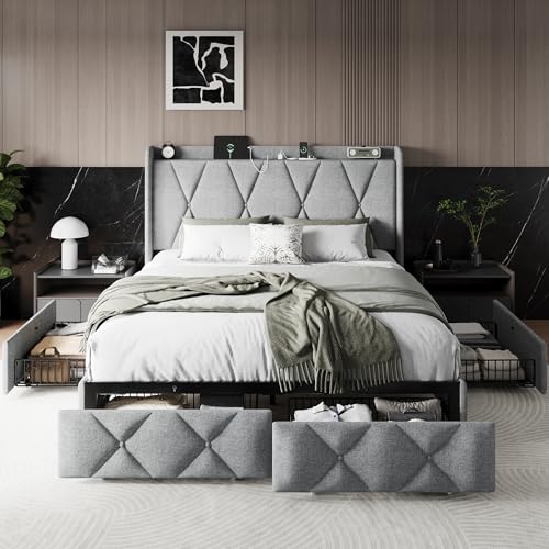 Queen Bed Frame with 4 Storage Drawers and Charging Station, Black S804993