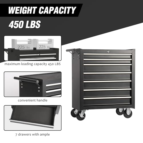 7-Drawer Rolling Tool Chest with Wheels, Lockable Steel Storage Cabinet, Black S62207