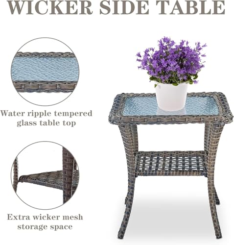 Outdoor Wicker Swivel Rocker Chairs Set of 2 with Rattan Side Table, Brown/Blue B592