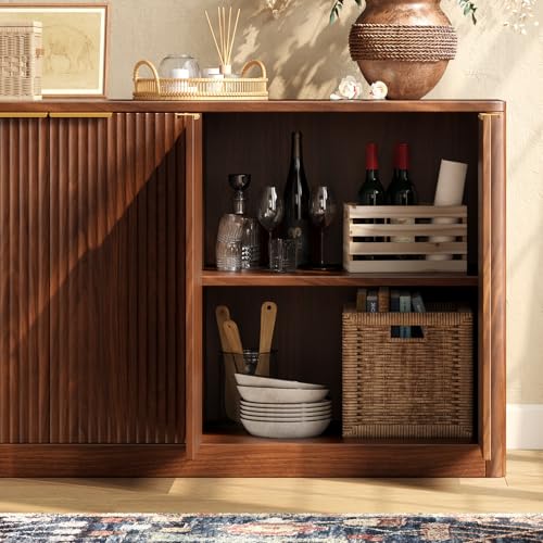 67" Fluted Oak Buffet Cabinet Sideboard with 6 Doors A1241