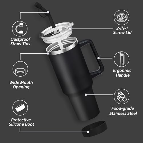 40 oz Tumbler with Handle and Straw Lid - Leak-proof Vacuum Insulated Travel Cup I15292