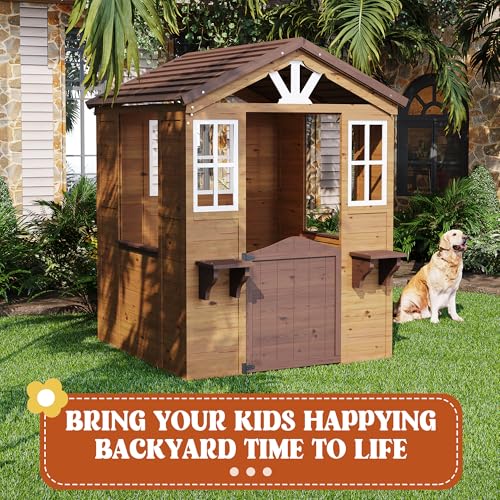 Cedar Wooden Kids Playhouse with Play Kitchen and Vinyl Roof U118424