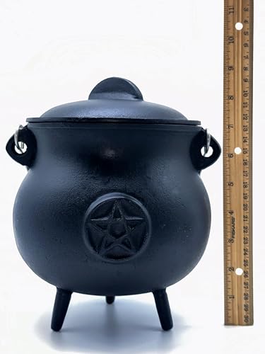 X-Large Pentacle Cast Iron Cauldron with Lid and Handle, 7.5" Diameter I70629