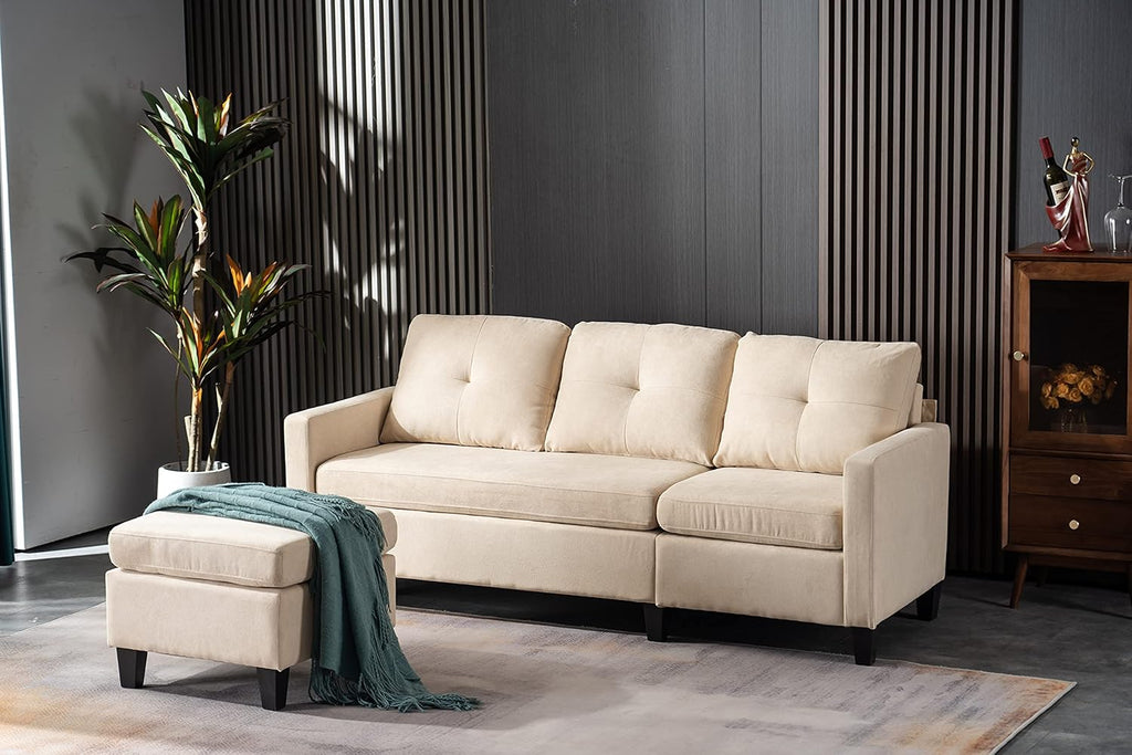 75" Modern Fabric Sectional Sofa with Chaise and Ottoman, Beige C8036