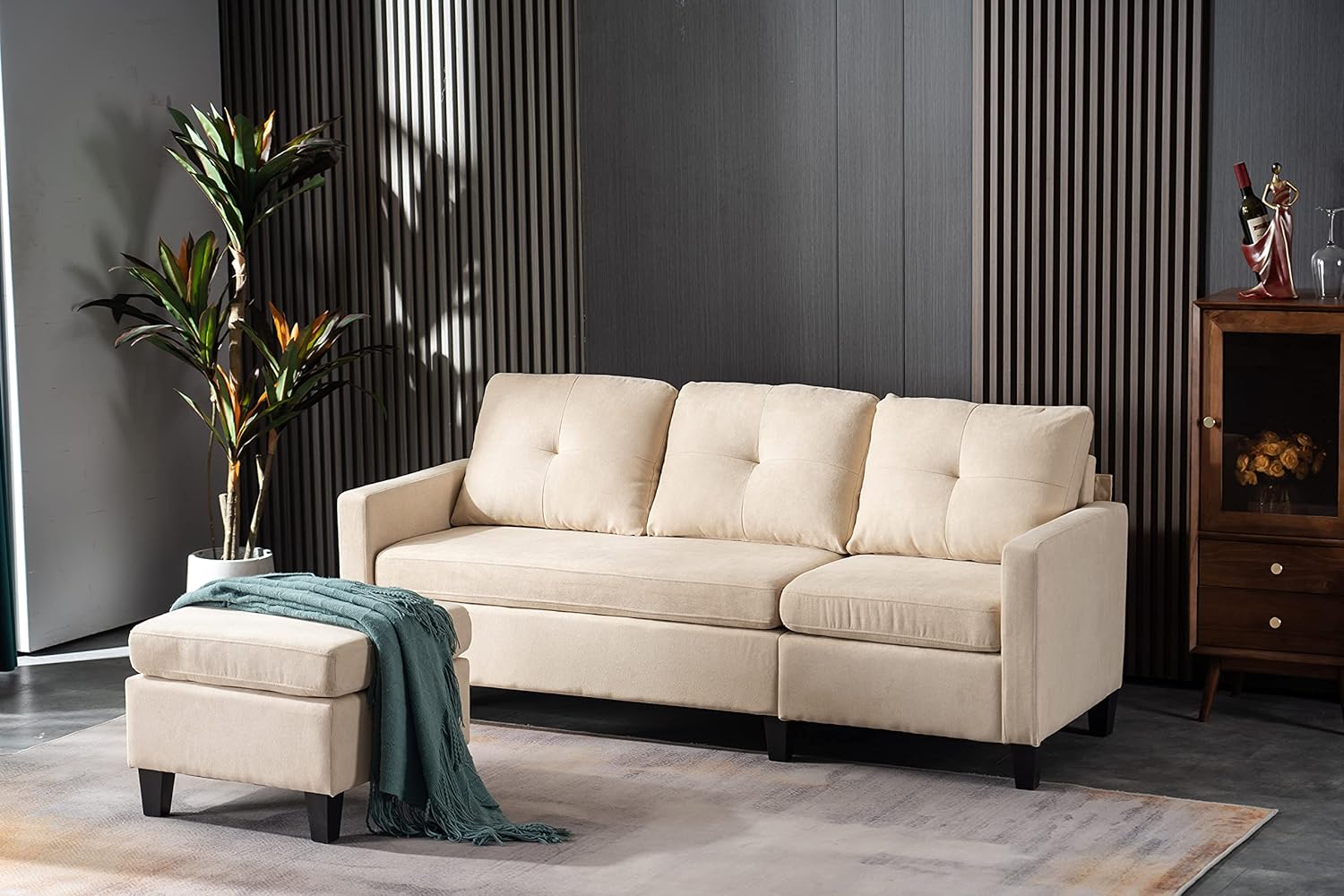 75" Modern Fabric Sectional Sofa with Chaise and Ottoman, Beige C8036