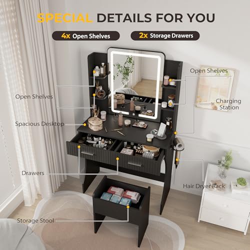 White Vanity Desk with LED Mirror and Storage Stool D5834