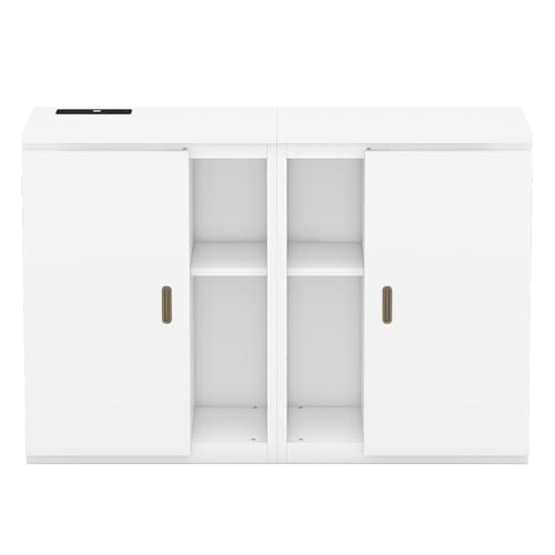 Ball & Cast Queen Size Solid Pine Murphy Bed with Charging Station, White + Walnut P2075