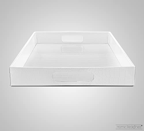 White Marble Faux Leather Decorative Tray with Handles D972626