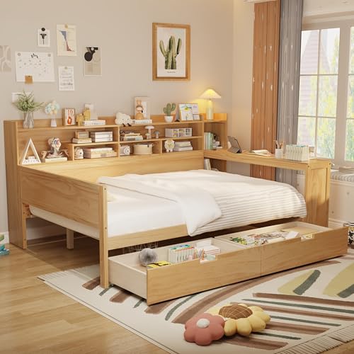 Bellemave Twin Corner Bed Frame with Storage Shelves and Desk, Gray L74206