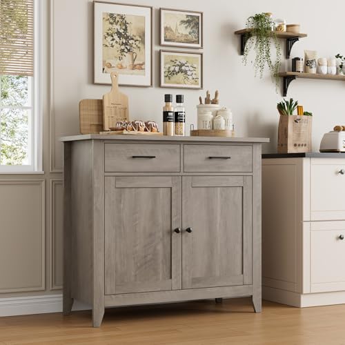 HORSTORS Kitchen Storage Cabinet, Farmhouse Buffet with 2 Drawers and 2 Doors, Grey A4009