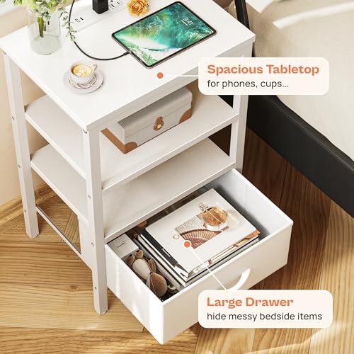 SUPERJARE Nightstand with Charging Station, Fabric Drawer, 3-Tier Storage, Walnut K366263
