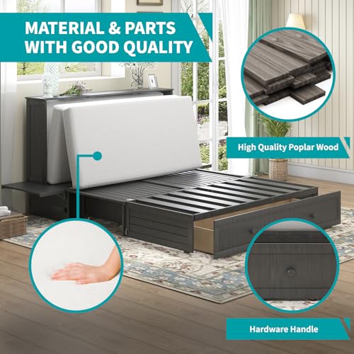 BALUS Murphy Bed Cabinet Queen with Tri-fold Mattress, USB Charging Station, Grey-Blue X7255