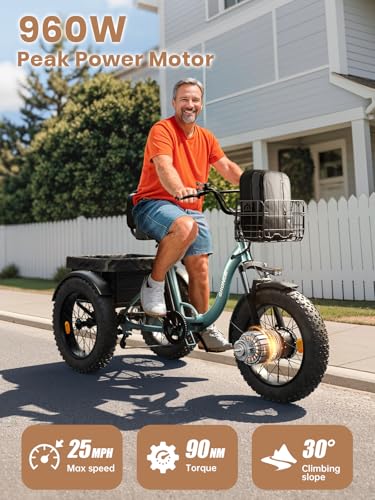 Electric Tricycle for Adults 960W Peak, 36V 15AH Battery, 50 Miles Range, 20" Fat Tire J900456