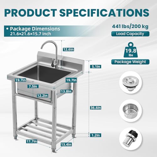 Stainless Steel Free Standing Utility Sink Single Bowl with Hot Cold Pipe R683