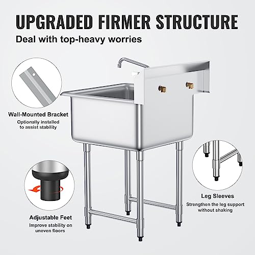 VEVOR Stainless Steel Prep & Utility Sink with Faucet and Legs, 21"x18" Single Bowl L5070