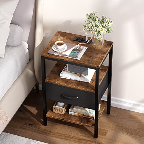SUPERJARE Nightstand with Charging Station, Fabric Drawer, 3-Tier Storage, Walnut K366263