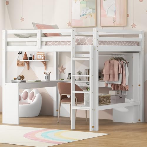 SOFTSEA Full Size Loft Bed with Desk & Wardrobe, White F150304