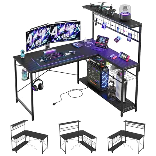 Bestier 42 L Gaming Desk with Power Outlets, LED Lights and Shelves D8630