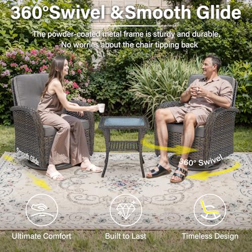 Outdoor Wicker Swivel Rocker Chairs Set of 2 with Rattan Side Table, Brown/Blue B592