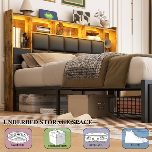 LED Bed Frame Full Size with Bookshelf Headboard and Charging Station R978868