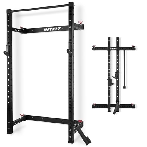 RitFit Multi-Functional Folding Squat Rack for Home Gym, Wall Mounted with Attachments V171188