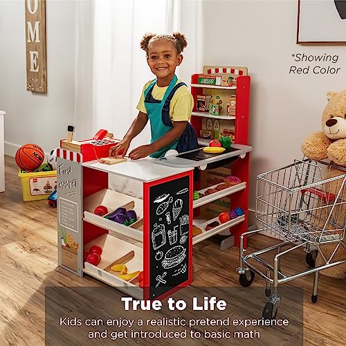 Pretend Play Grocery Store Wooden Supermarket Toy Set for Kids with Play Food, Cash Register, Conveyor - Red I3448