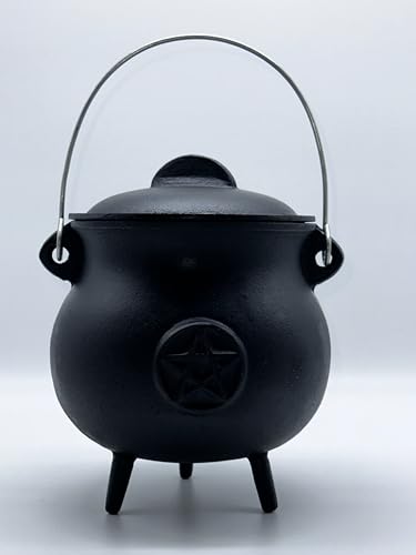 X-Large Pentacle Cast Iron Cauldron with Lid and Handle, 7.5" Diameter I70629