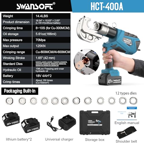 SWANSOFT Electric Hydraulic Cable Lug Crimping Tool 12Ton with 12 Dies F67528