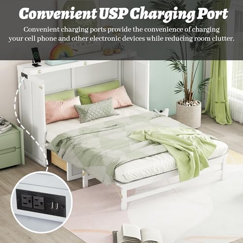 Queen Murphy Bed Cabinet with Storage Drawer and Charging Station, Solid Pine, White A401