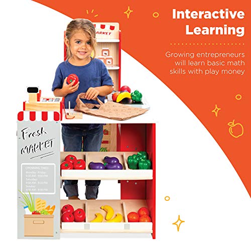 Pretend Play Grocery Store Wooden Supermarket Toy Set for Kids with Play Food, Cash Register, Conveyor - Red I3448
