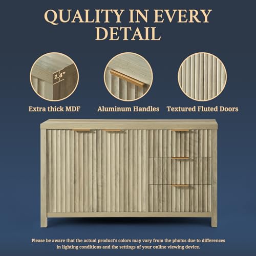 Fluted Sideboard Buffet Cabinet with Storage, 56" Modern Credenza, Natural Y669537