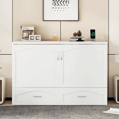 Queen Size Solid Pine Murphy Bed Chest with Charging Station and Storage Drawer K498