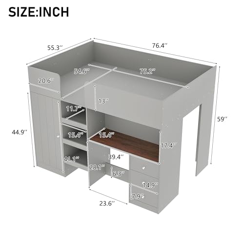 Harper & Bright Designs Full Loft Bed with Desk and Storage, Gray K73009