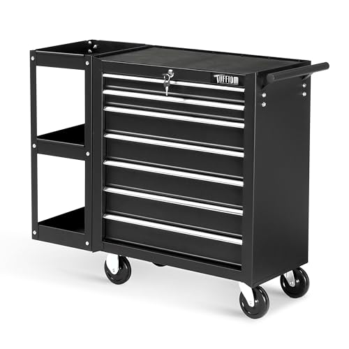 TUFFIOM 7-Drawer Rolling Tool Chest with Side Shelves and Lockable Wheels L105