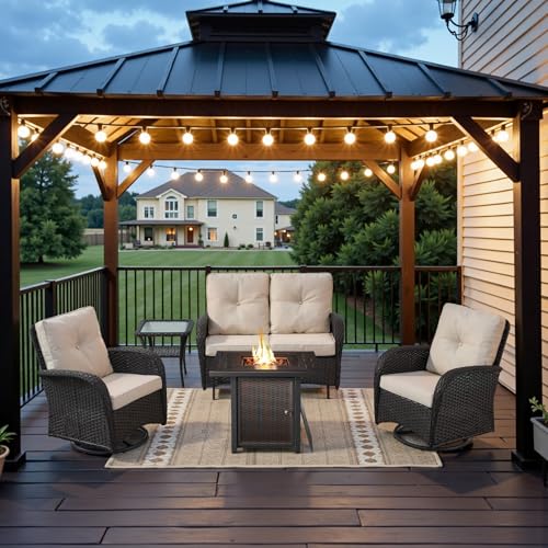Outdoor Wicker Swivel Rocker Chairs Set of 2 with Rattan Side Table, Brown/Blue B592