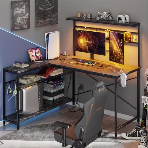 Bestier 42 L Gaming Desk with Power Outlets, LED Lights and Shelves D8630